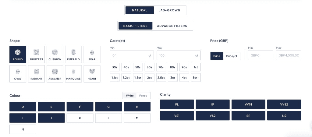 Nivoda diamond search filters for shape, carat, colour and clarity